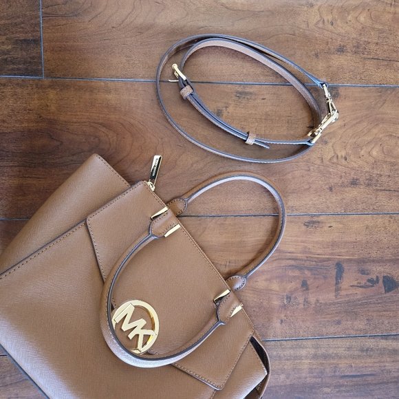 Michael Kors MK Classic Logo Hudson Saffiano Leather Handbag Satchel Brown Gold - Picture 12 of 16